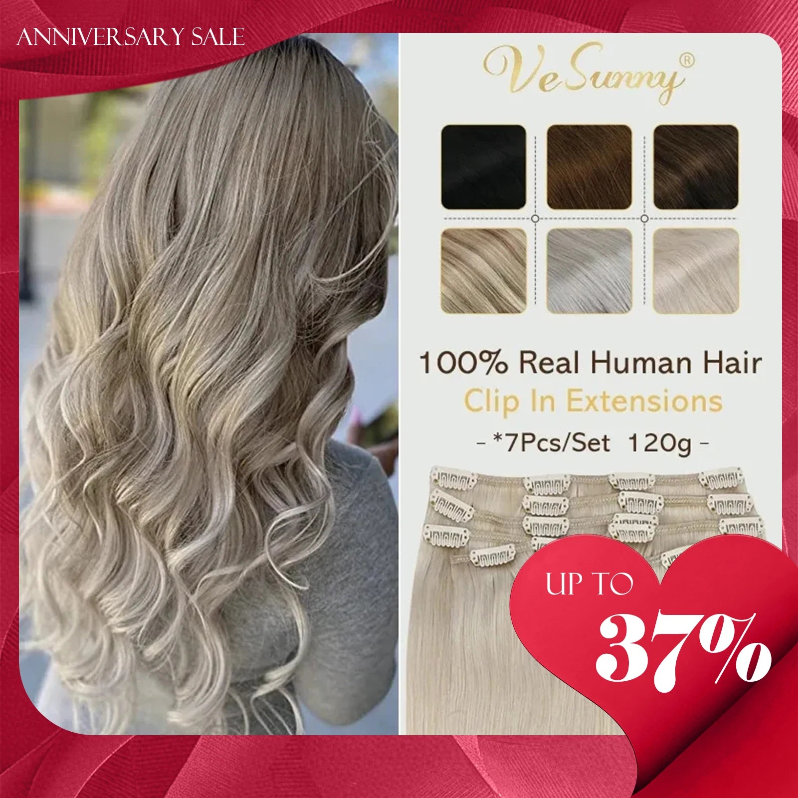 Double weft clip in hair extensions in Brazilian remy human hair, 7 pieces 100g, shown in dark brown and blonde shades