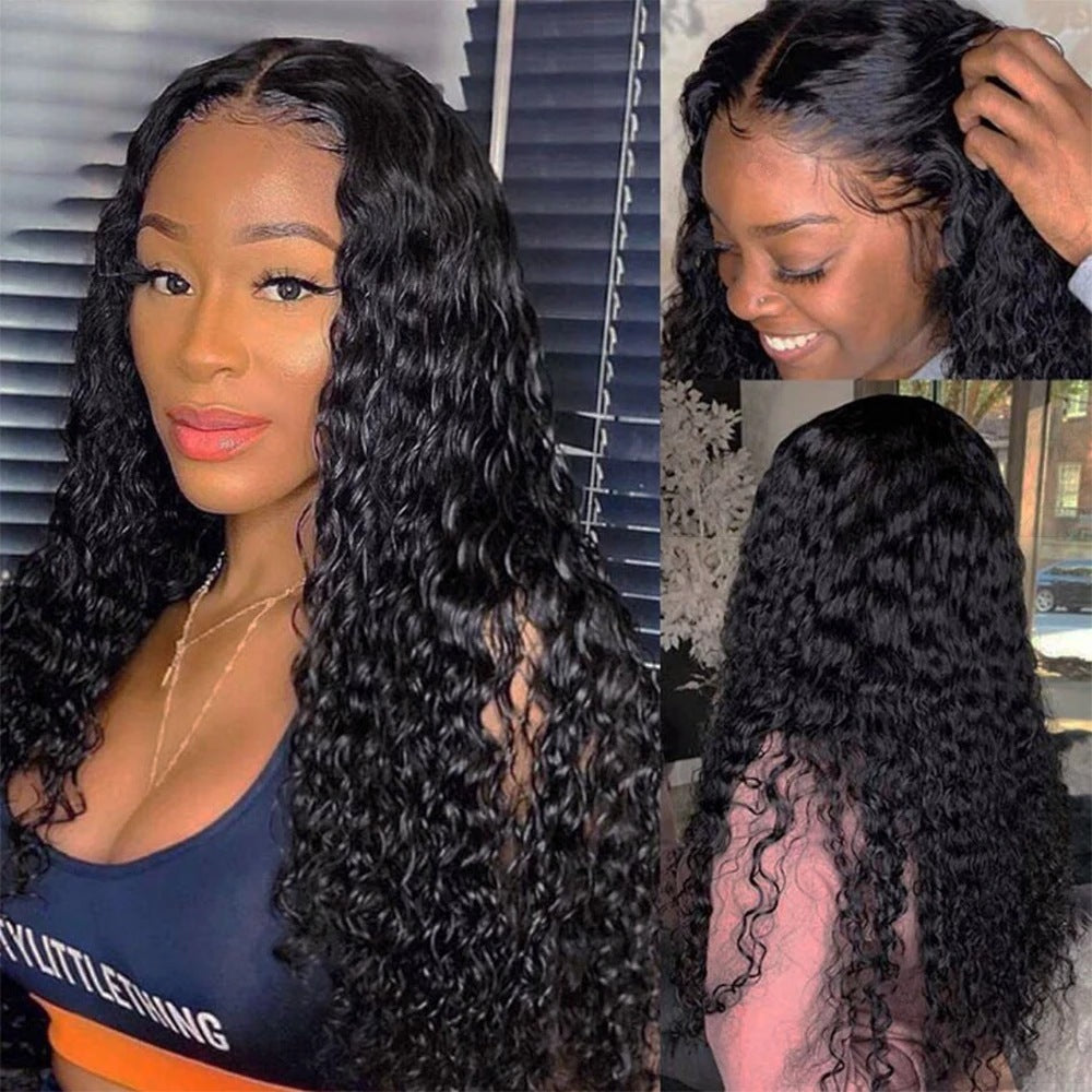 Hand woven curly human hair lace wig in 150% density, shown installed with natural hairline parting on model