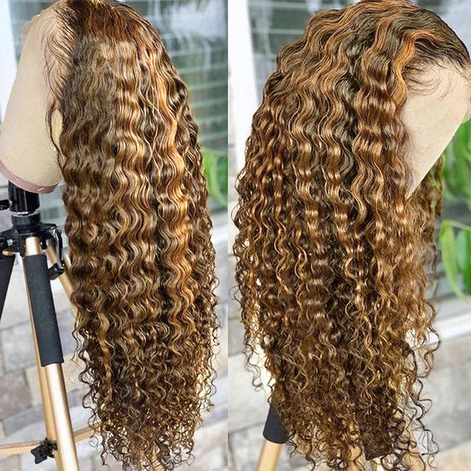 Highlighted human hair lace front wig at 180 density worn on a model showing dimensional colour and natural lace hairline