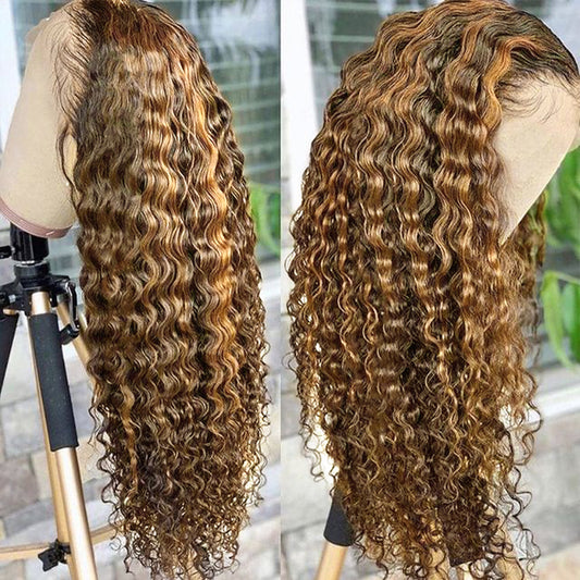 Highlighted human hair lace front wig at 180 density worn on a model showing dimensional colour and natural lace hairline