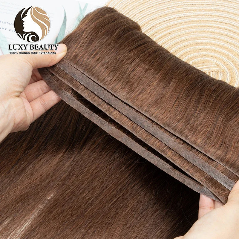 Brown invisible tape weft human hair extensions with flat PU skin weft for seamless natural-looking volume