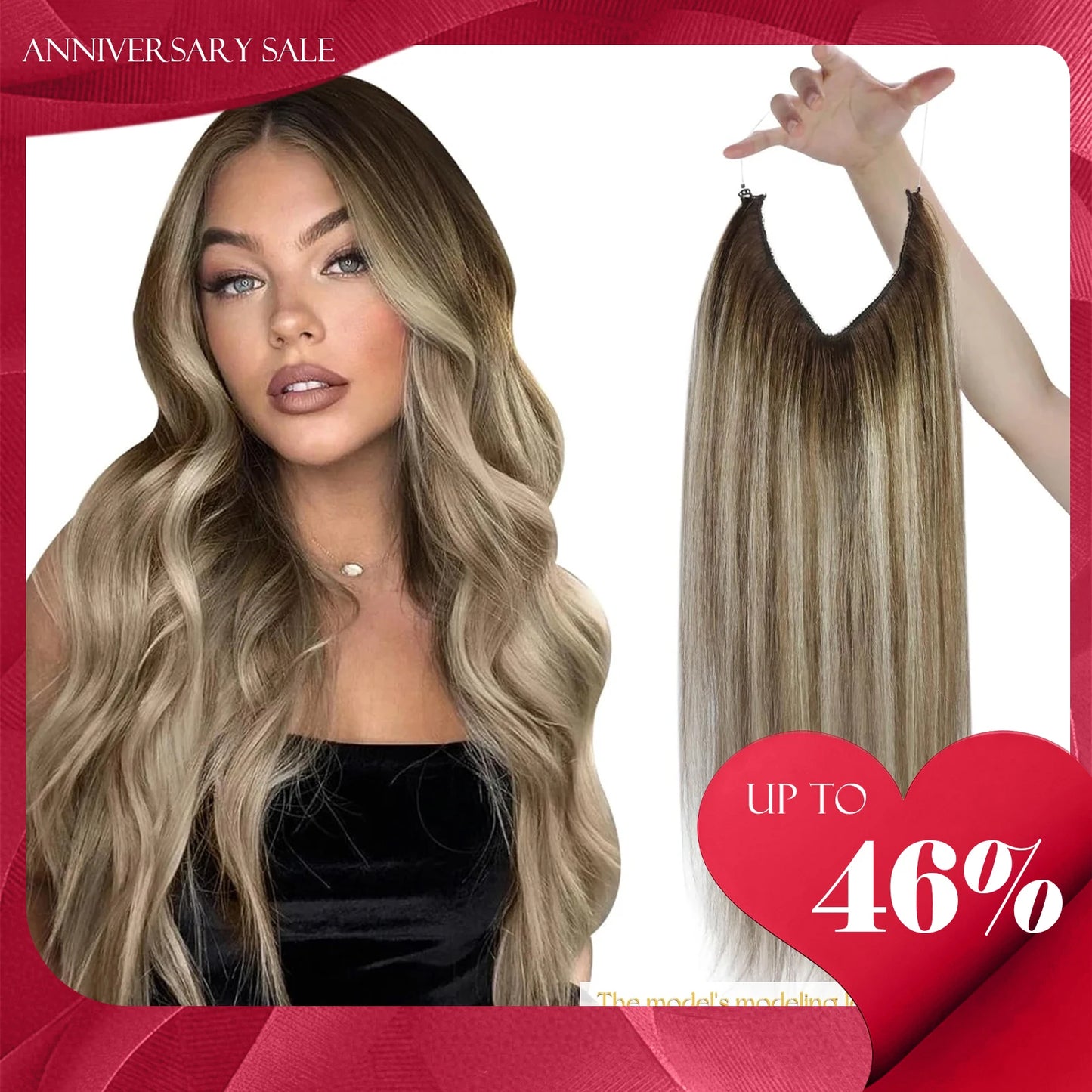 Invisible wire hair extensions in blonde remy human hair, one piece with two clips, shown installed on thin hair