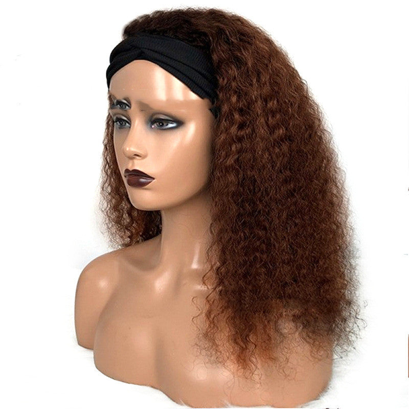 Jerry curly human hair headband wig worn on a model, showing defined ringlet curls and glueless adjustable band
