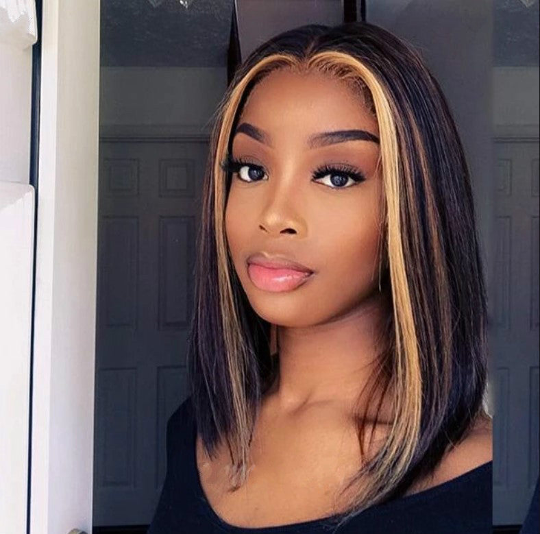 Voluminous lace front straight wig with natural invisible hairline on a woman, full-body straight style, adjustable fit