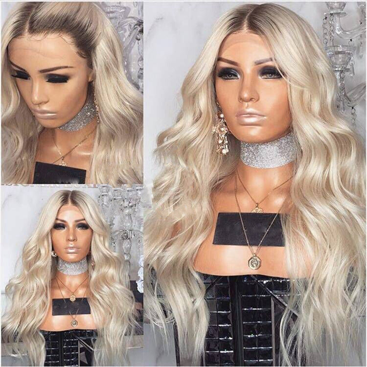 Long blonde curly wig with loose golden waves on a female model, 72cm heat-resistant synthetic hair, adjustable fit