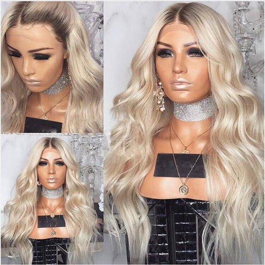 Long blonde curly wig with loose golden waves on a female model, 72cm heat-resistant synthetic hair, adjustable fit