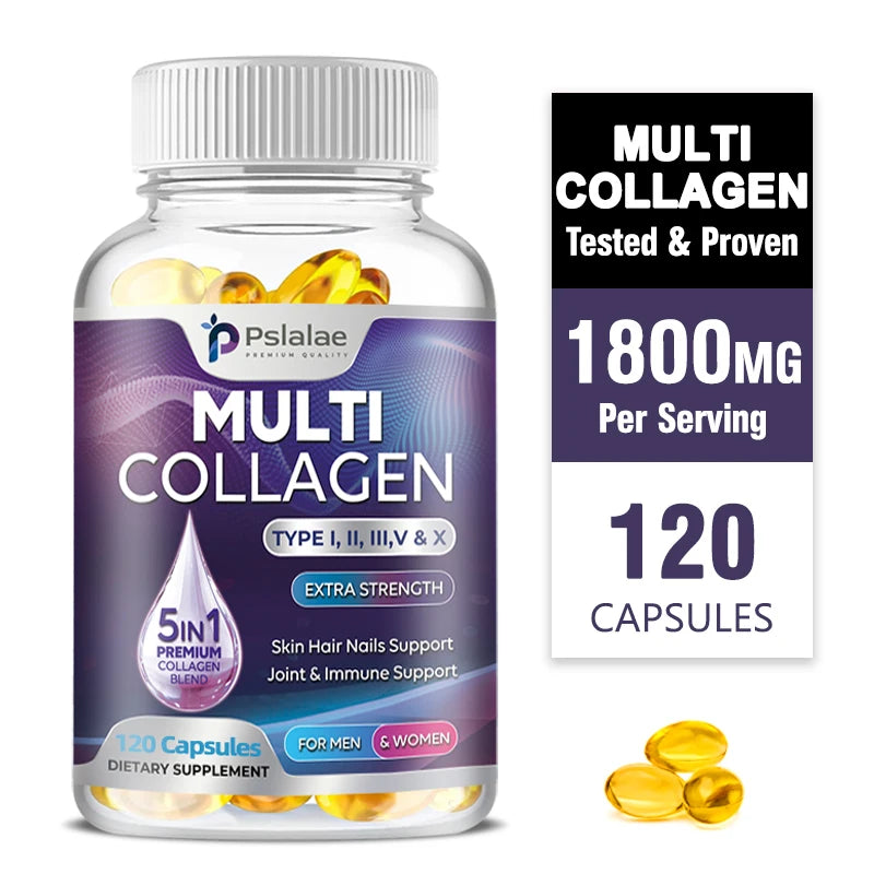 Multi collagen complex capsules bottle showing Types I II III V X for hair, skin, nails and joint support