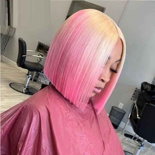 Pink blonde human hair lace front wig with blunt cut and soft ombre pastel finish