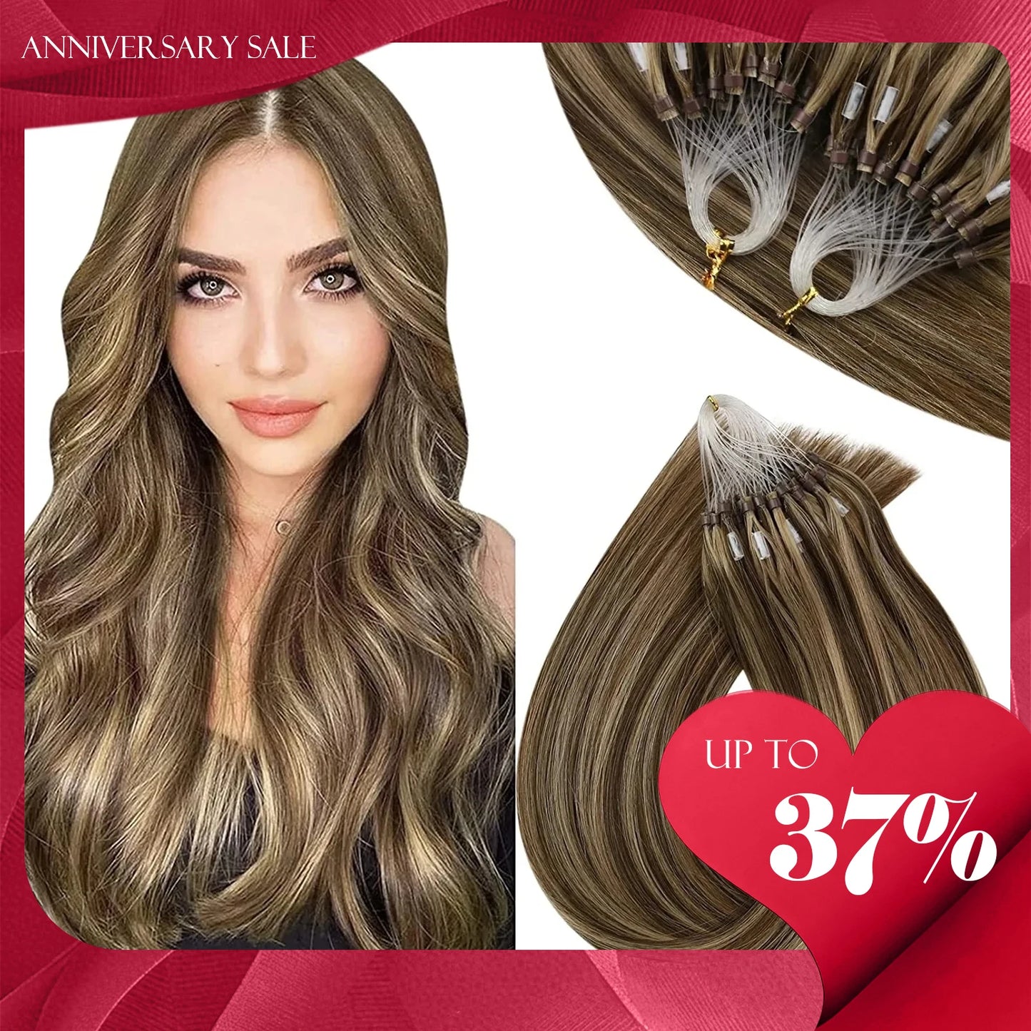 Remy micro ring human hair extensions — silky straight 1g strands blending seamlessly with natural dark brown hair