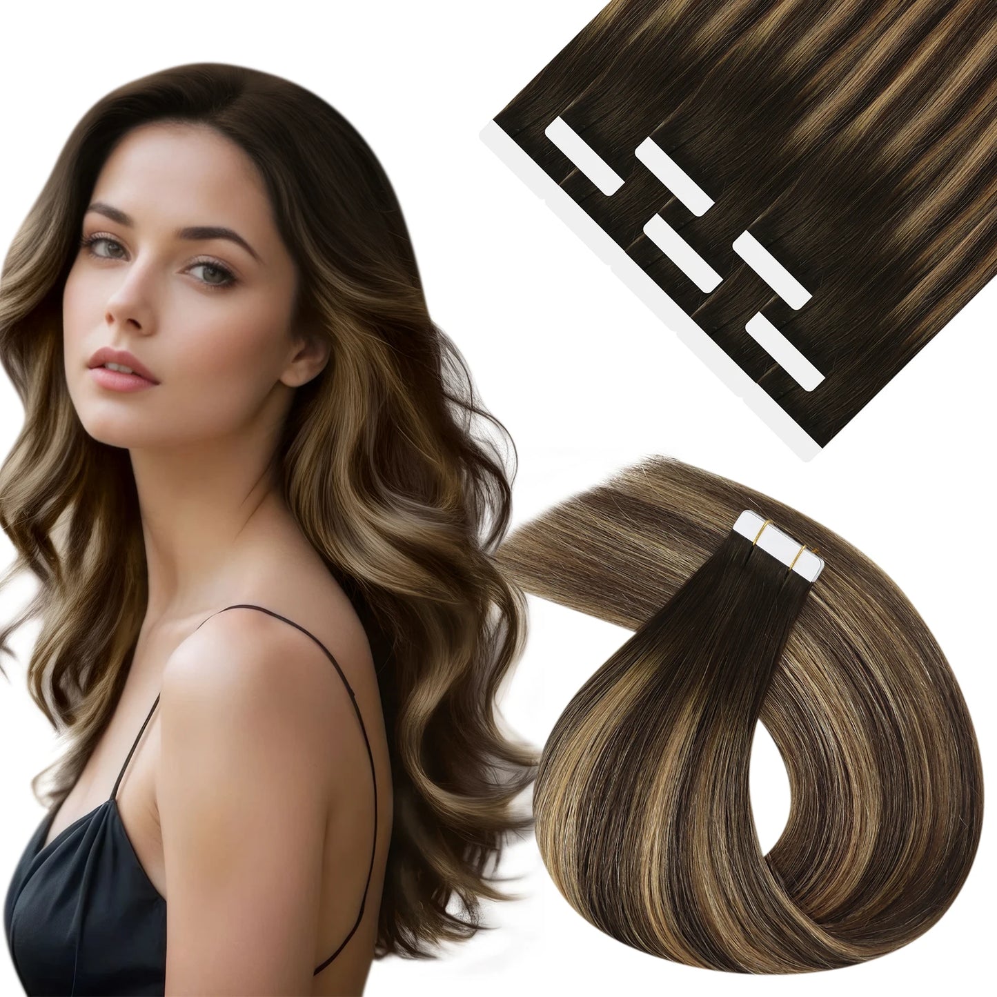 Seamless skin weft tape in extensions in straight real human hair, ultra-thin PU base shown flat against scalp