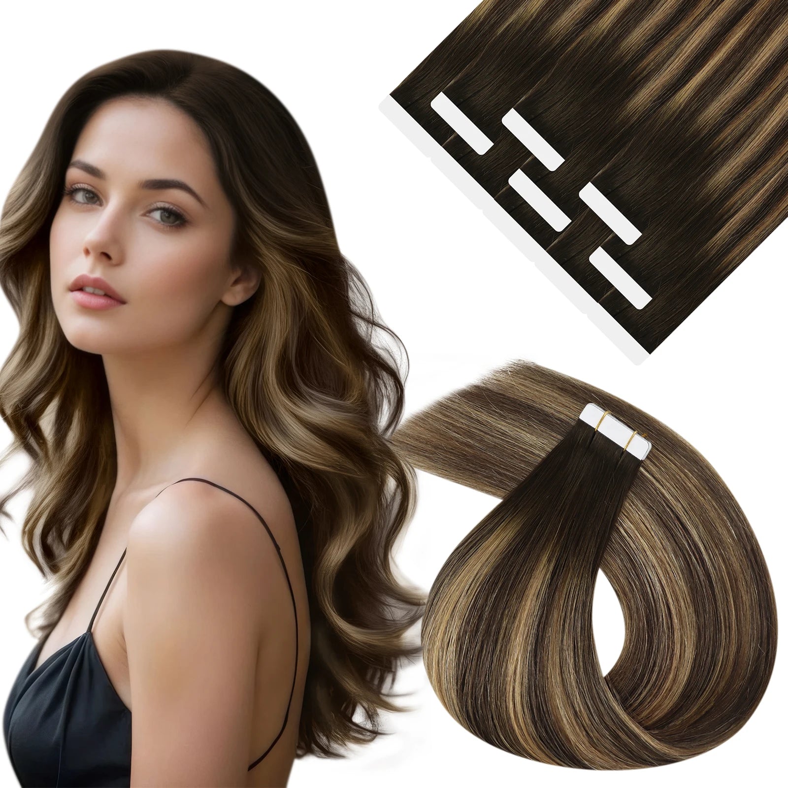 Seamless skin weft tape in extensions in straight real human hair, ultra-thin PU base shown flat against scalp