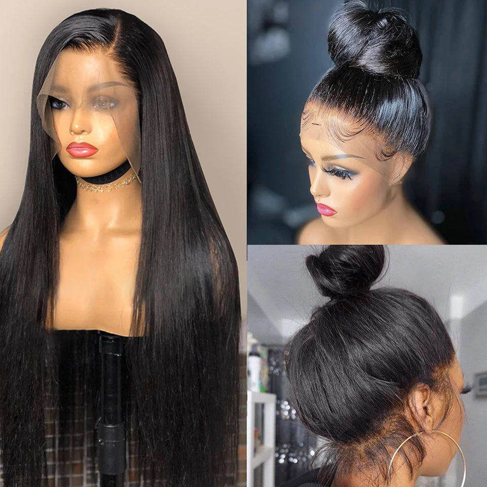 Straight human hair lace wig set in natural black, medium length, blended lace hairline shown installed on model