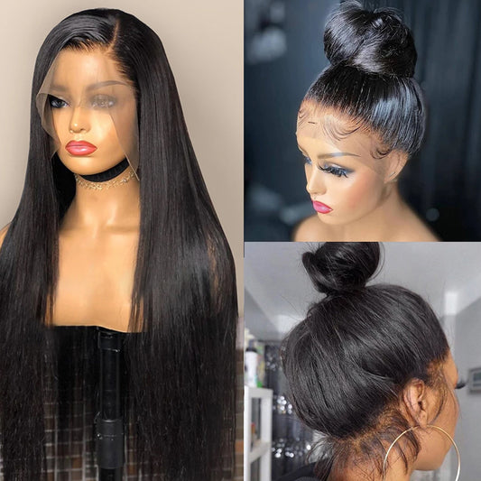 Straight human hair lace wig set in natural black, medium length, blended lace hairline shown installed on model